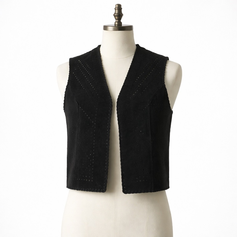 Vintage 90s Tami Black Eyelet Punched Suede Vest Small
